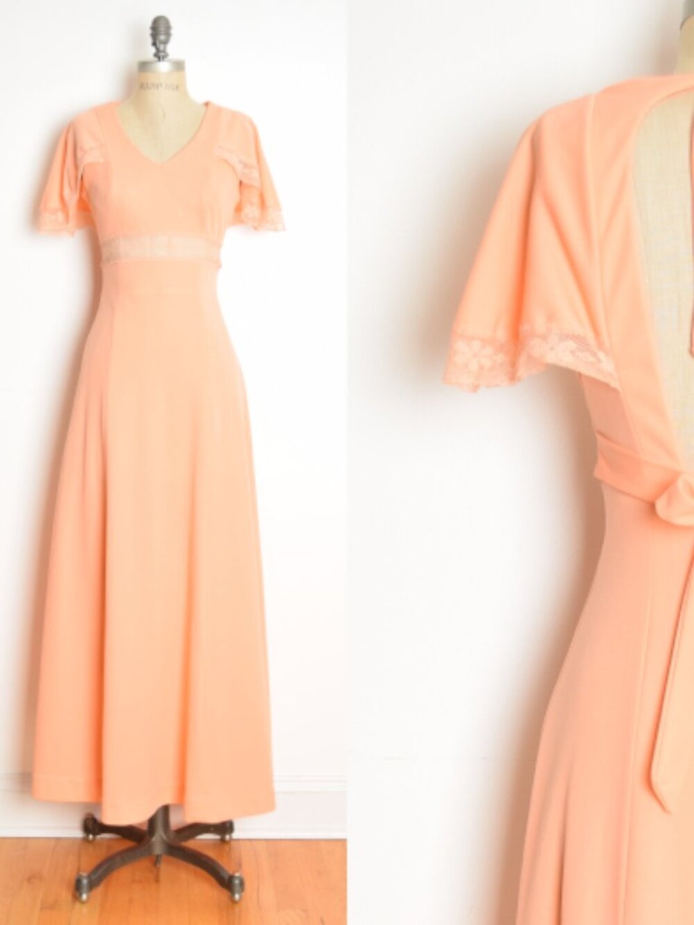vintage 70s maxi dress peach backless cottagecore flutter hippie boho long S